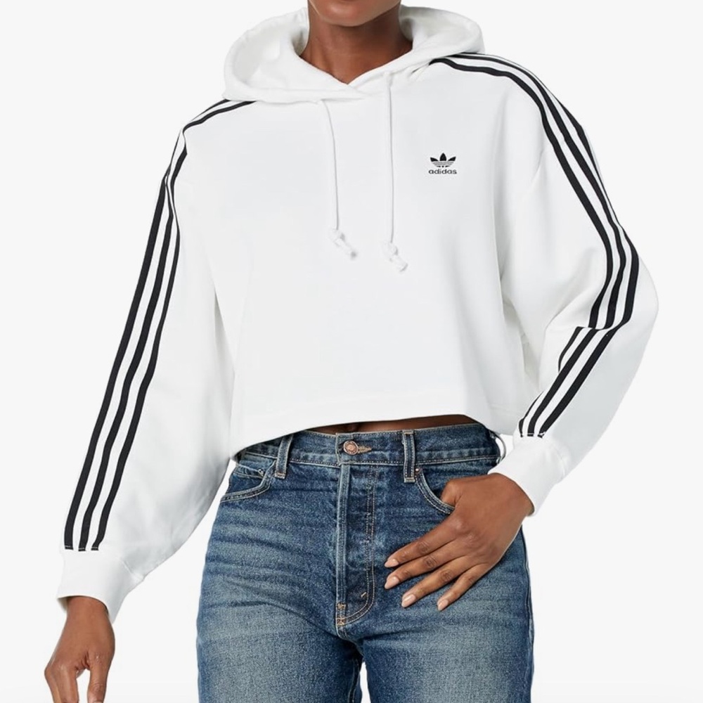 adidas Originals Women's Short Crop Hoodie Size Small White Black Stripes